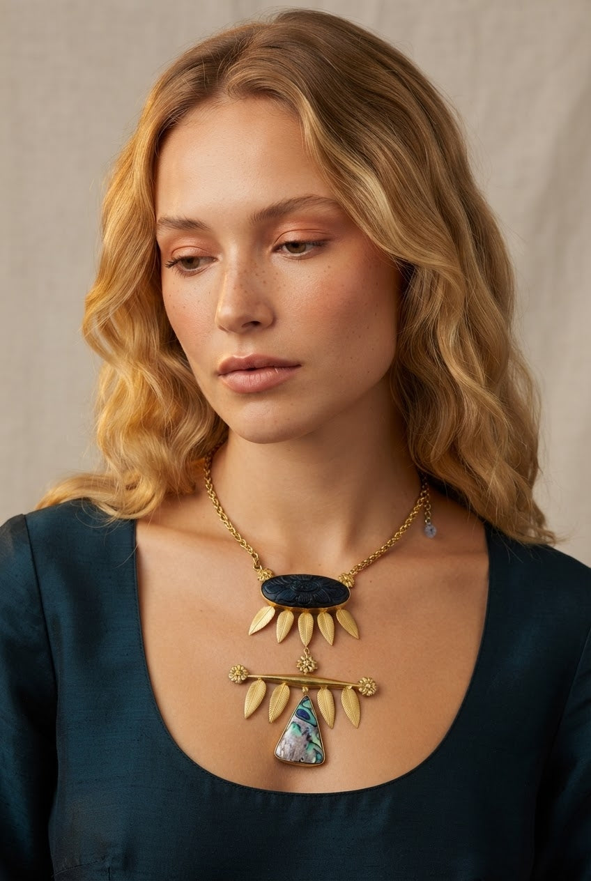 Indrashankhā Haar | Carved Labradorite & Abalone Shell Gold Feather Pendant Necklace in 22k Gold Plated