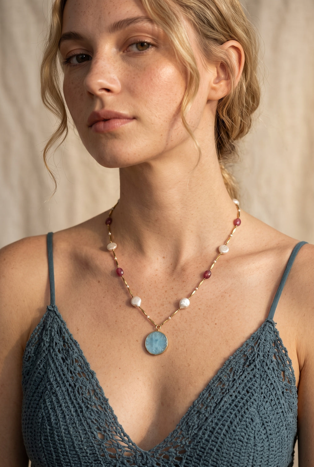 Nabhomani Haar | Pink Sapphire & Freshwater Pearl Bar Chain Necklace with Carved Aquamarine Pendant