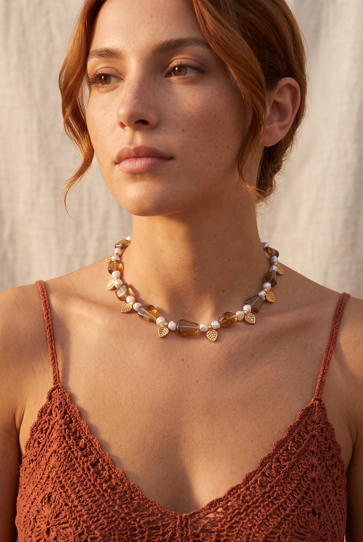 Madhuparni Haar | Beer Quartz & Freshwater Pearl Leaf Charm Beaded Necklace
