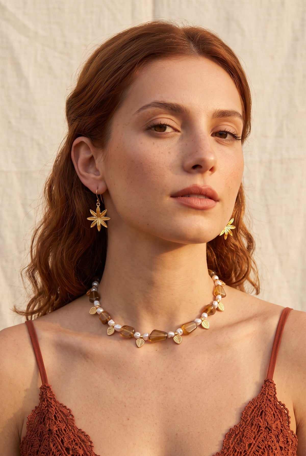 Madhuparni Haar | Beer Quartz & Freshwater Pearl Leaf Charm Beaded Necklace