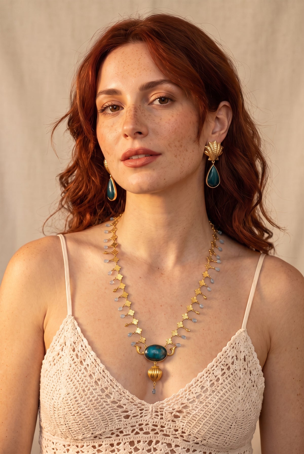 Pushpa Tara Kanthe | Quatrefoil Chain Turquoise & Aquamarine Necklace in 22k Gold Plated