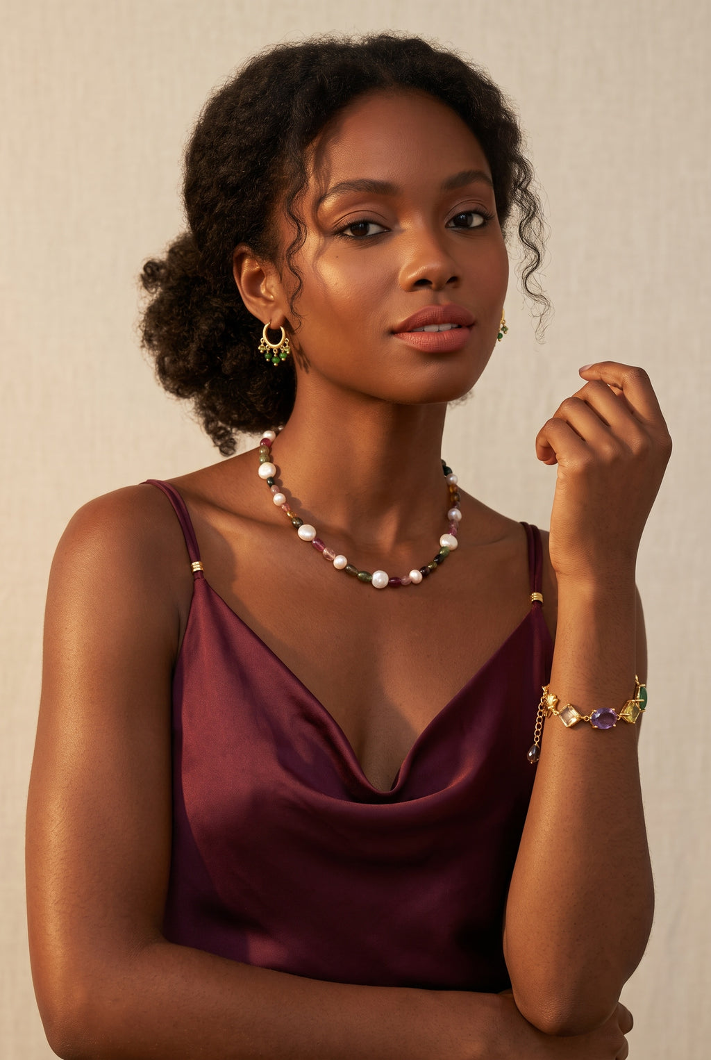 Pañcamaṇi | Serpentine, Rose Quartz, Lemon Quartz, Amethyst & Citrine Multi-Stone Gold Bracelet in 22k Gold Plated