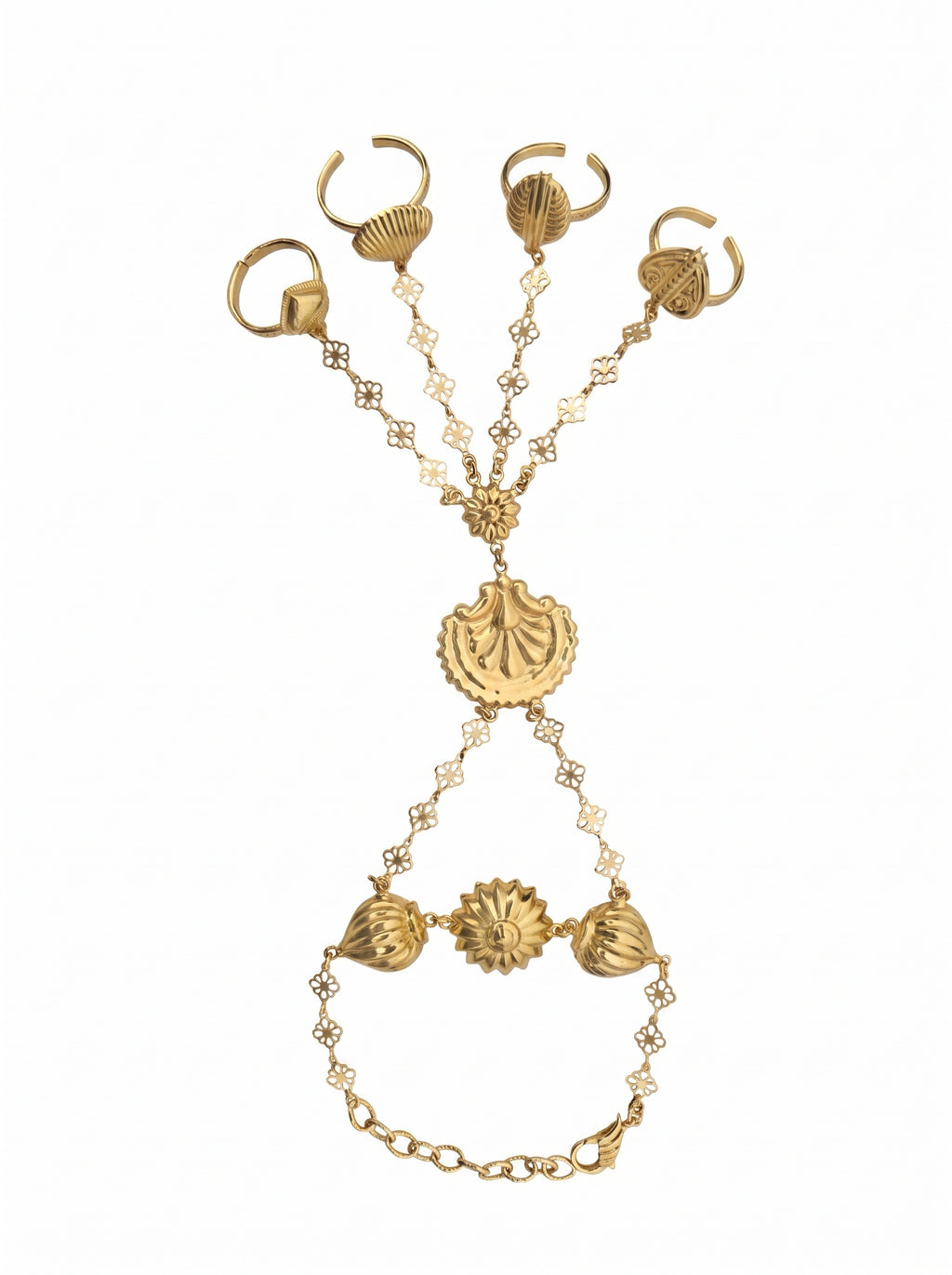 Pushpāvalī | Brass Alloy Four-Finger Hand Harness in 22k Gold Plated | Hath Phool