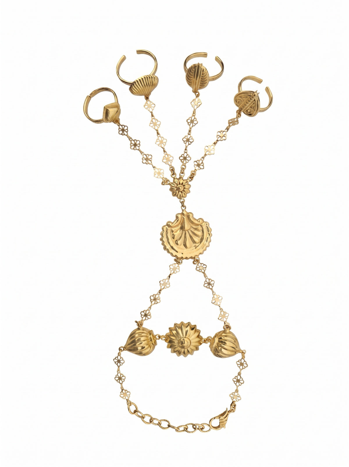 Pushpāvalī | Brass Alloy Four-Finger Hand Harness in 22k Gold Plated | Hath Phool