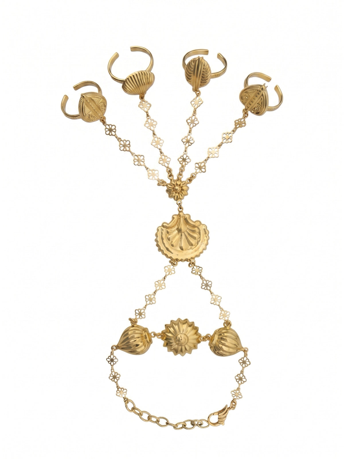Pushpāvalī | Brass Alloy Four-Finger Hand Harness in 22k Gold Plated | Hath Phool