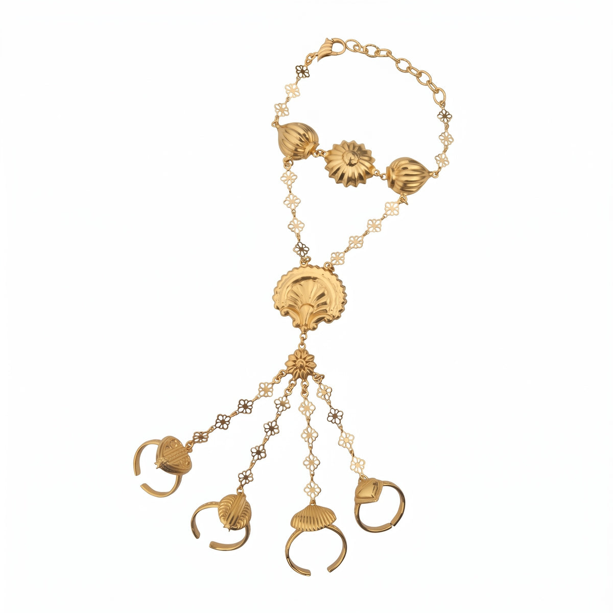Pushpāvalī | Brass Alloy Four-Finger Hand Harness in 22k Gold Plated | Hath Phool