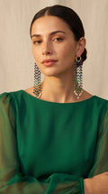 Nīlāmbari | Lapis Lazuli, Neon Apatite, Chrysocolla & African Turquoise Ombré Fringe Drop Earrings in 22k Gold Plated