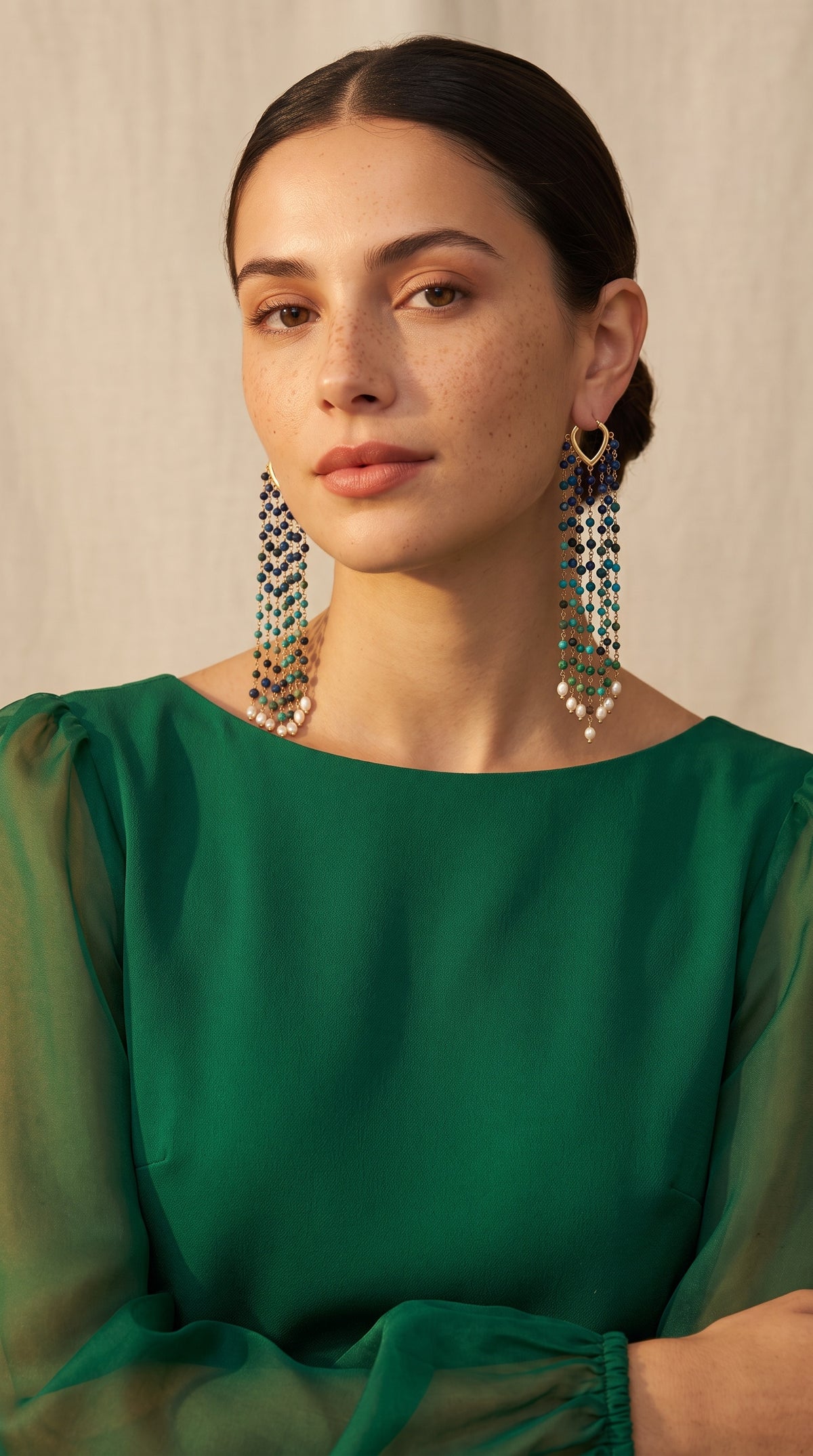 Nīlāmbari | Lapis Lazuli, Neon Apatite, Chrysocolla & African Turquoise Ombré Fringe Drop Earrings in 22k Gold Plated