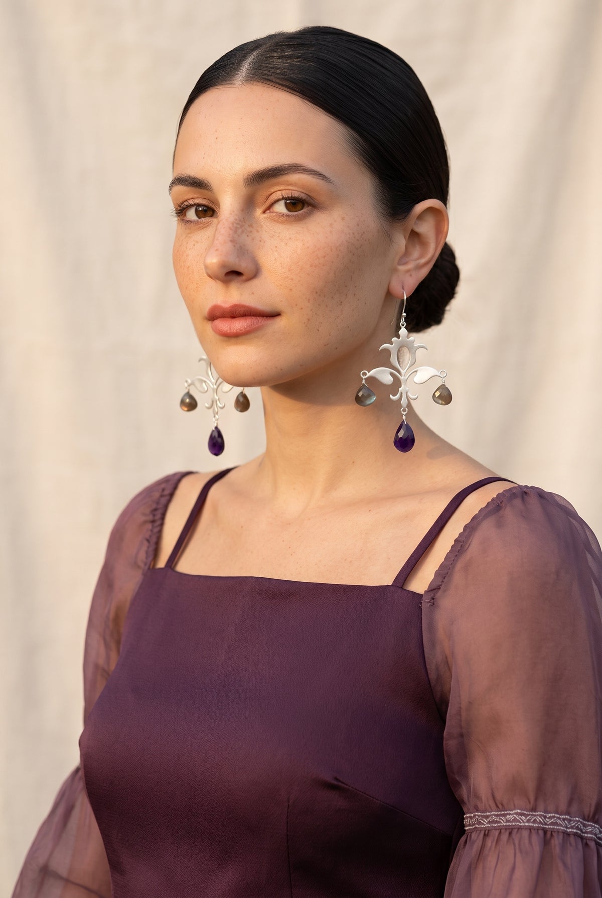 Kalavallī | Grey Moonstone & Amethyst Silver Arabesque Chandelier Drop Earrings in 925 Silver Plated