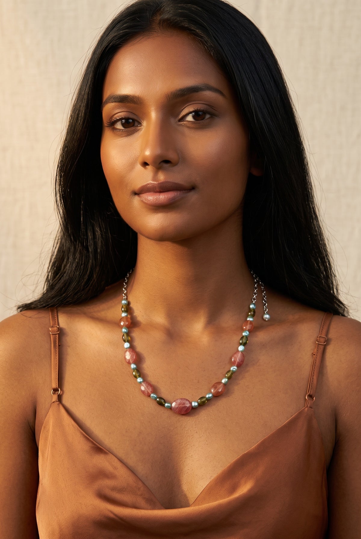 Triratnamālā | Green Sapphire, Rutile Quartz & Freshwater Pearl Beaded Necklace in 925 Silver Plated