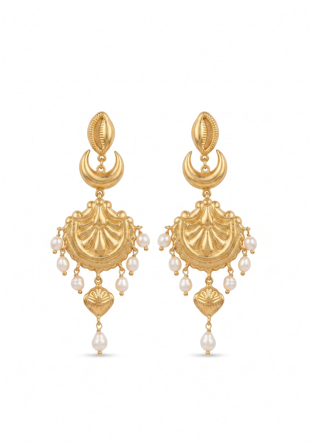 Candraśuktī | Freshwater Pearl & Gold Fan Chandelier Earrings in 22k Gold Plated