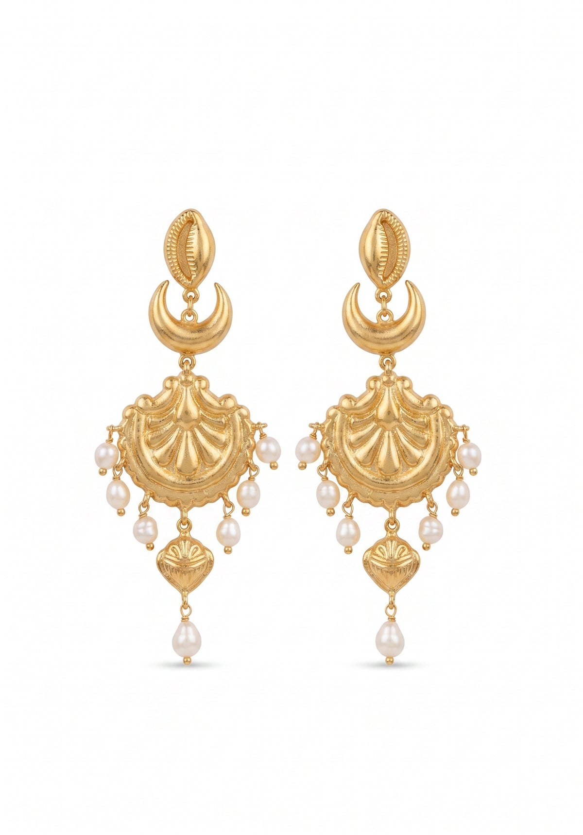 Candraśuktī | Freshwater Pearl & Gold Fan Chandelier Earrings in 22k Gold Plated