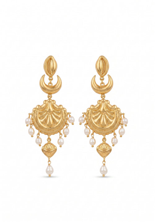 Candraśuktī | Freshwater Pearl & Gold Fan Chandelier Earrings in 22k Gold Plated
