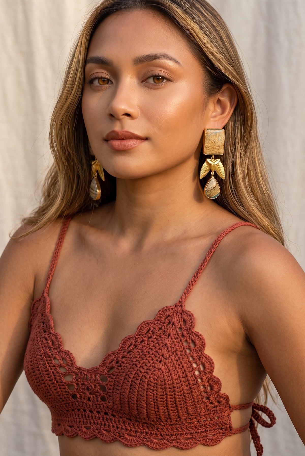 Vanāśilā | Peanut Wood Jasper & Gold Leaf Drop Earrings in 22k Gold Plated